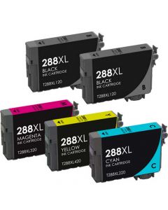 KLM Remanufactured Set of 5 for Epson T288XL: 2 Black and 1 each Magenta, Cyan, Yellow Ink Cartridges